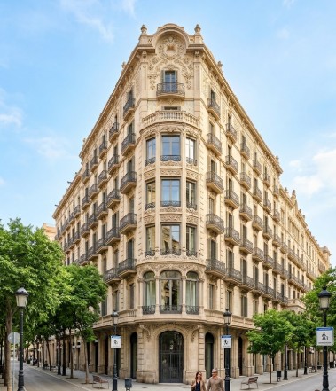 Vistas de los chaflanes, avenidas y arquitectura modernista en la Dreta de l'Eixample, Barcelona
